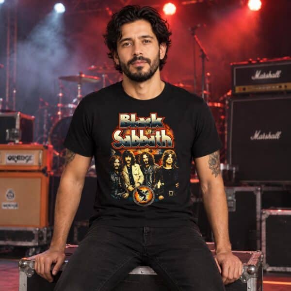 Modelo con playera negra de Black Sabbath en concierto