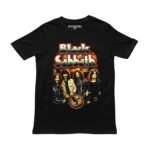 Playera negra con diseño de Black Sabbath: la banda clásica y logo metálico naranja