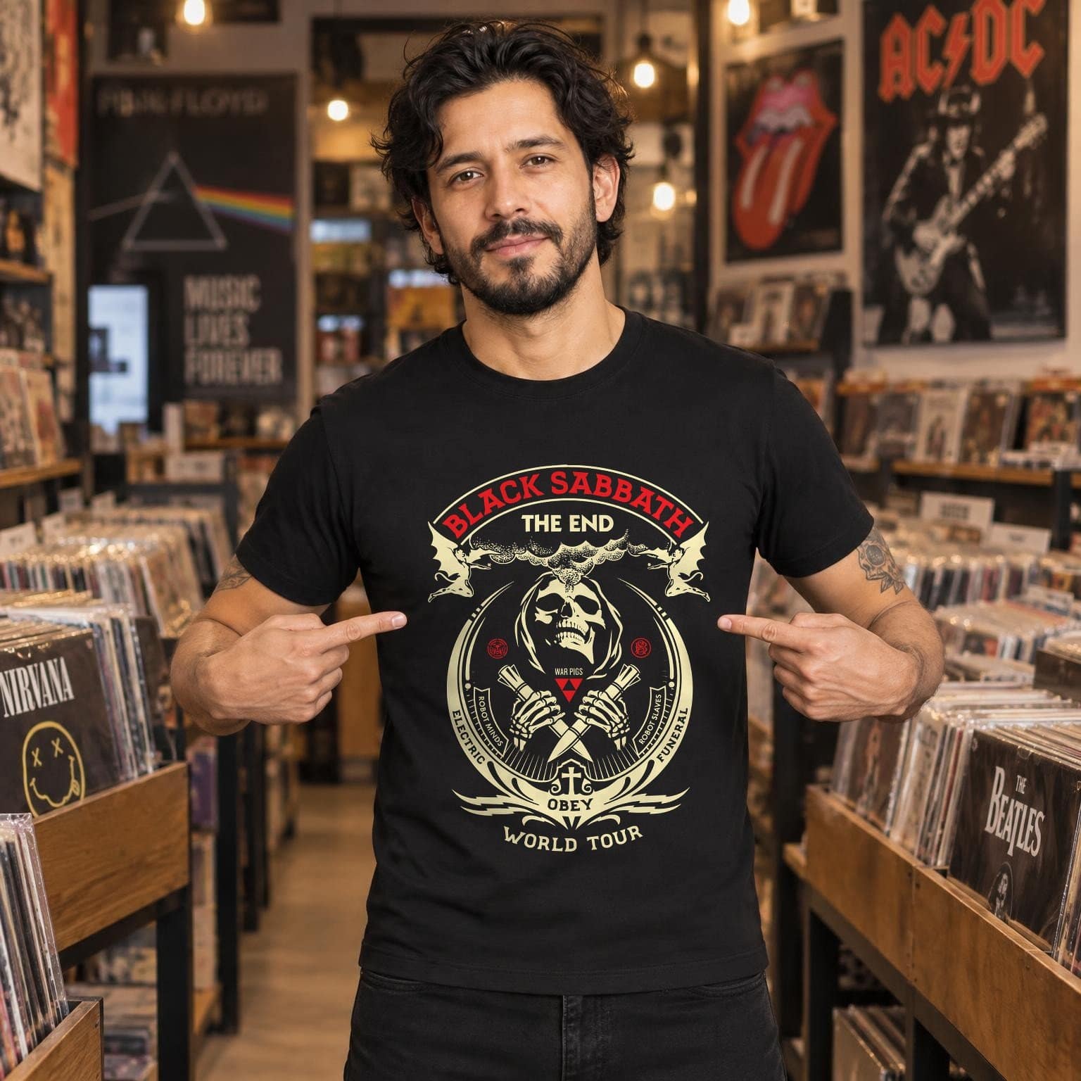 Modelo con playera negra de Black Sabbat en tienda de discos