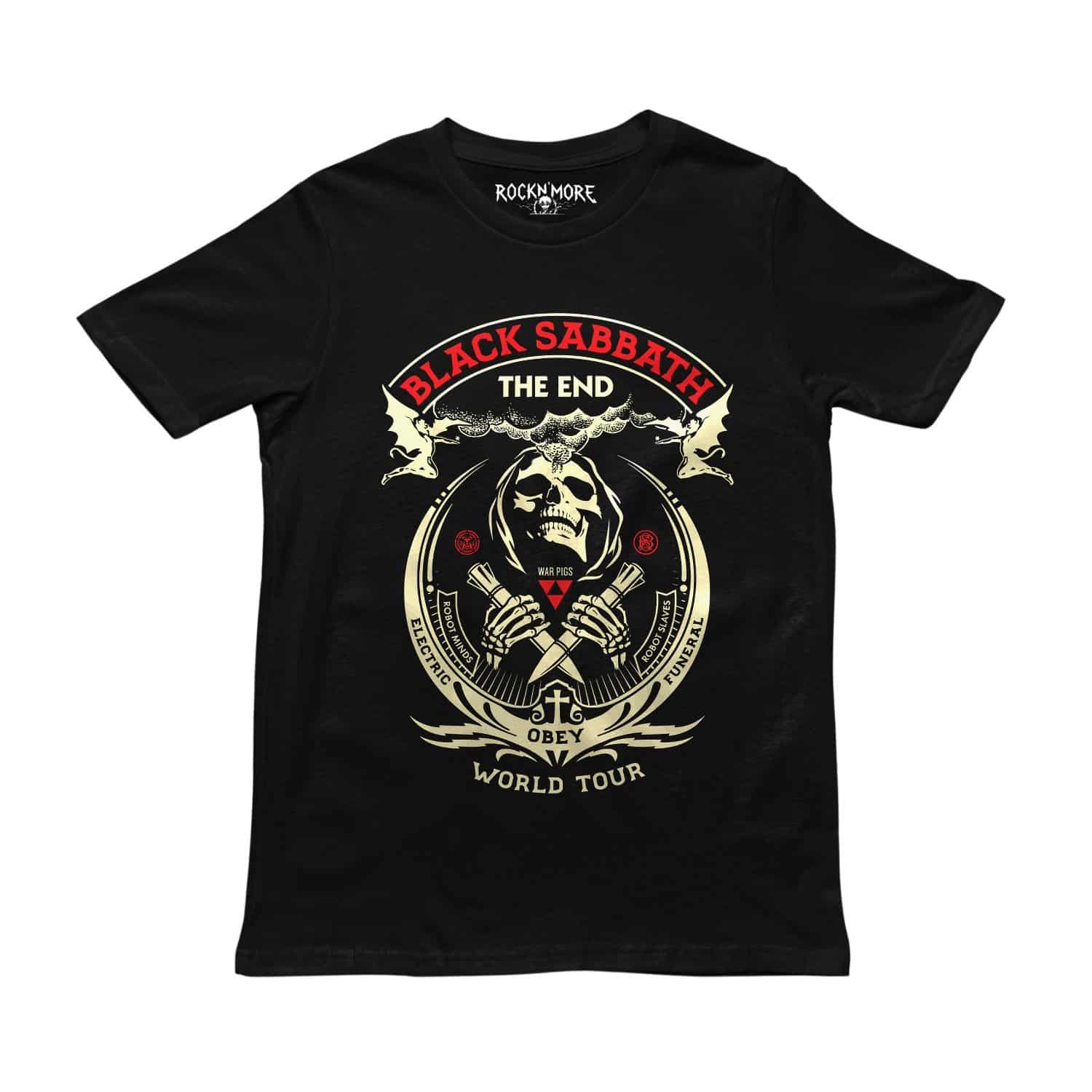 Playera negra con emblema de Black Sabbath The End World Tour, calavera encapuchada y dagas cruzadas
