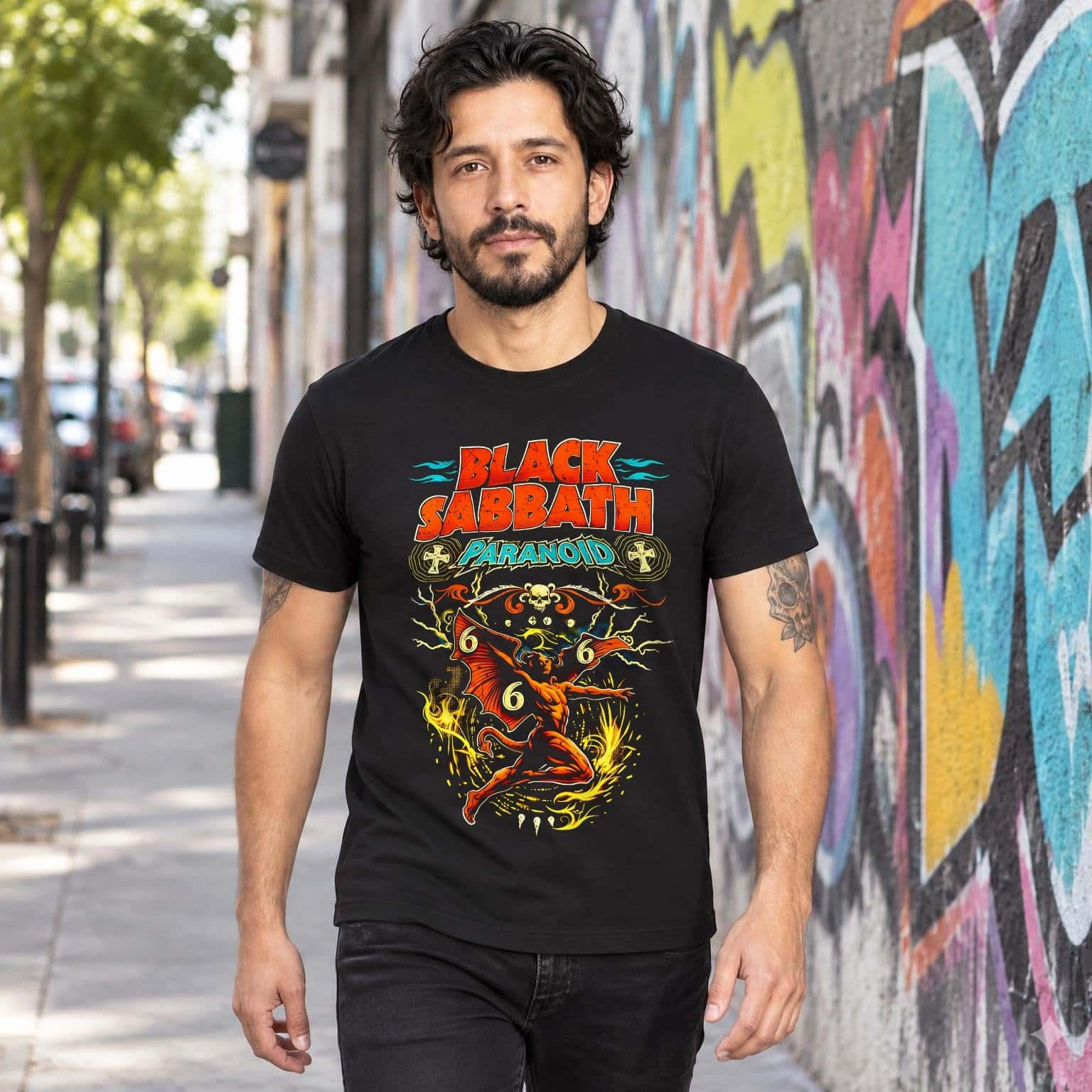 Modelo con playera negra de Black Sabbath en calle con grafiti
