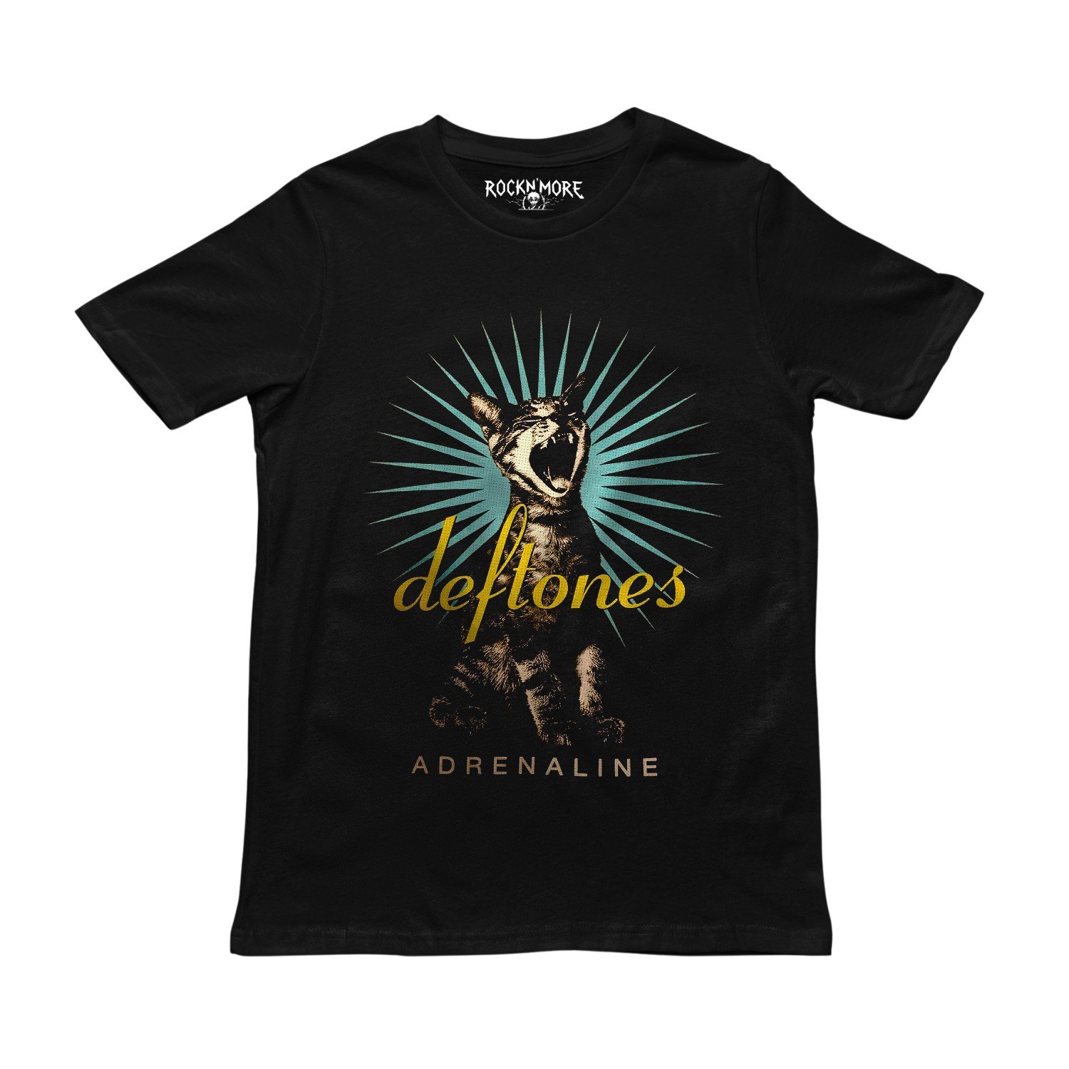 Playera negra con diseño de Deftones Adrenaline: gato rugiendo entre rayos turquesa y logo dorado