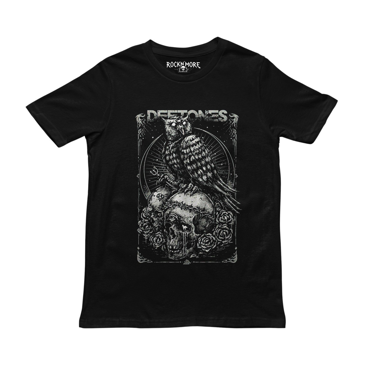 Playera negra con ilustración de búho sobre calavera con rosas y logo de Deftones
