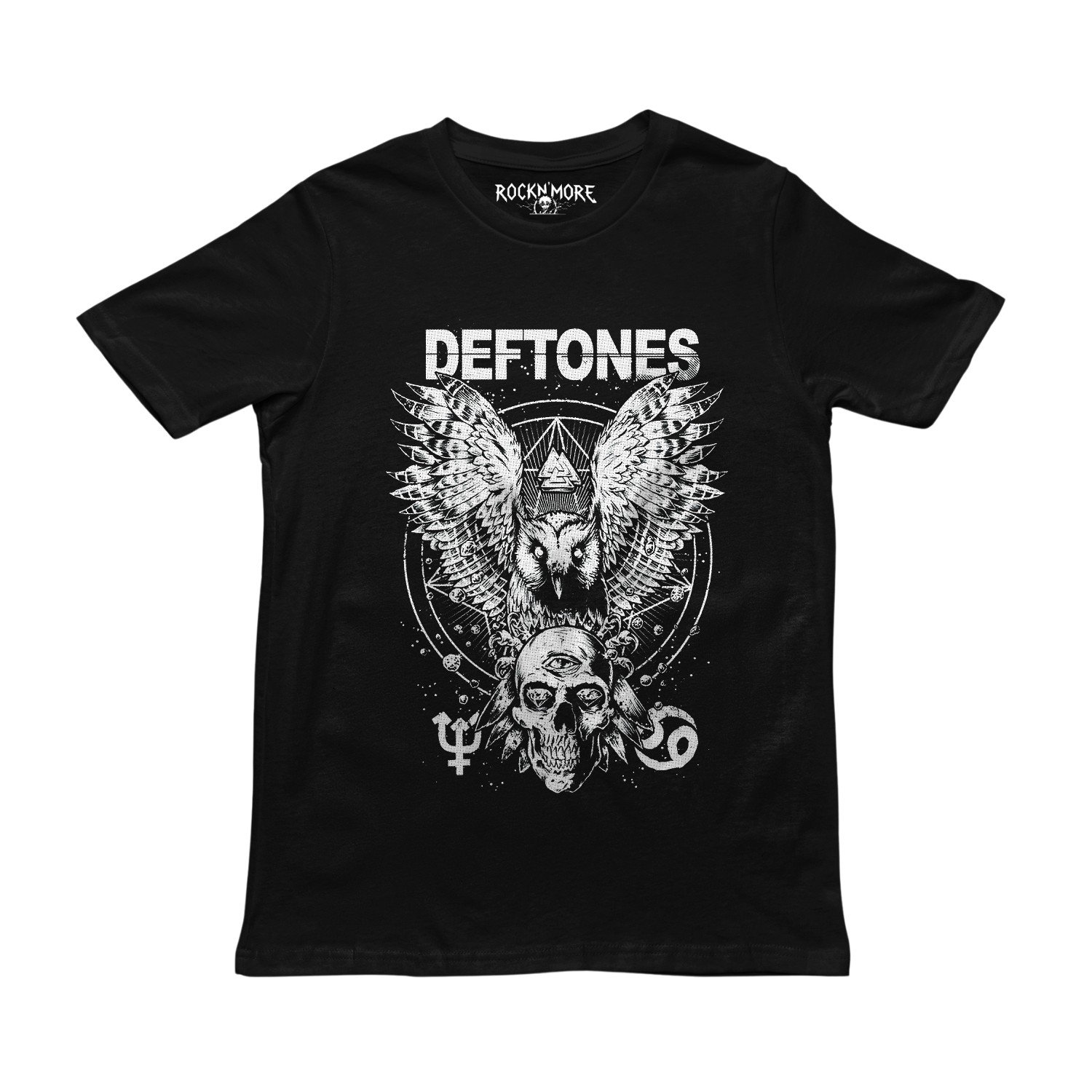 Playera negra con diseño de Deftones: búho con alas extendidas sobre un cráneo de tres ojos en blanco