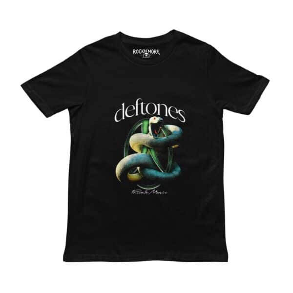 Playera negra con ilustración de serpiente enroscada y el logo de Deftones Private Music