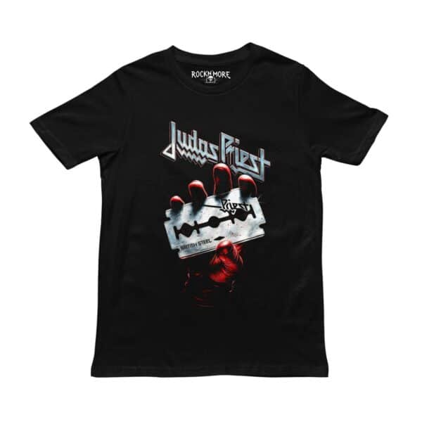 Playera negra con diseño de Judas Priest, vista frontal