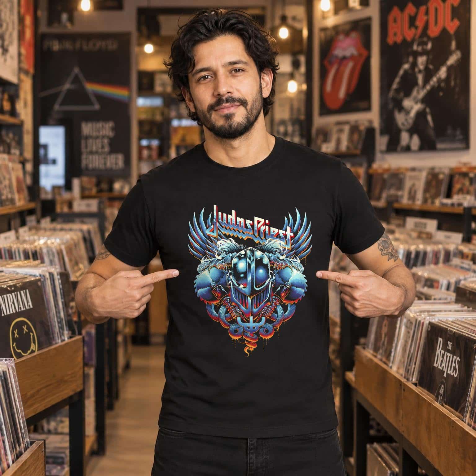 Modelo con playera negra de Judas Priest en tienda de discos