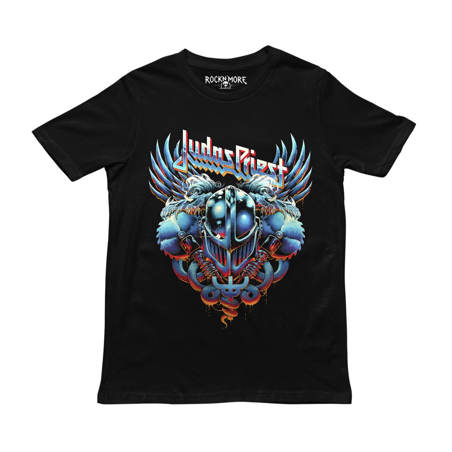 Playera negra con diseño de Judas Priest: casco metálico, águilas azules y serpientes