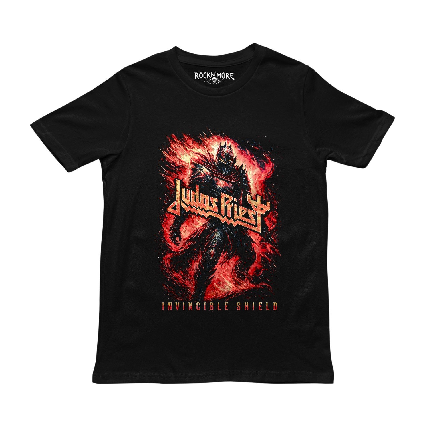 Playera negra con guerrero en llamas y logo de Judas Priest Invincible Shield en rojo y dorado