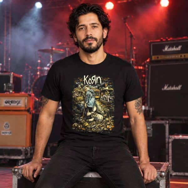 Hombre con playera negra de Korn frente a equipo de escenario