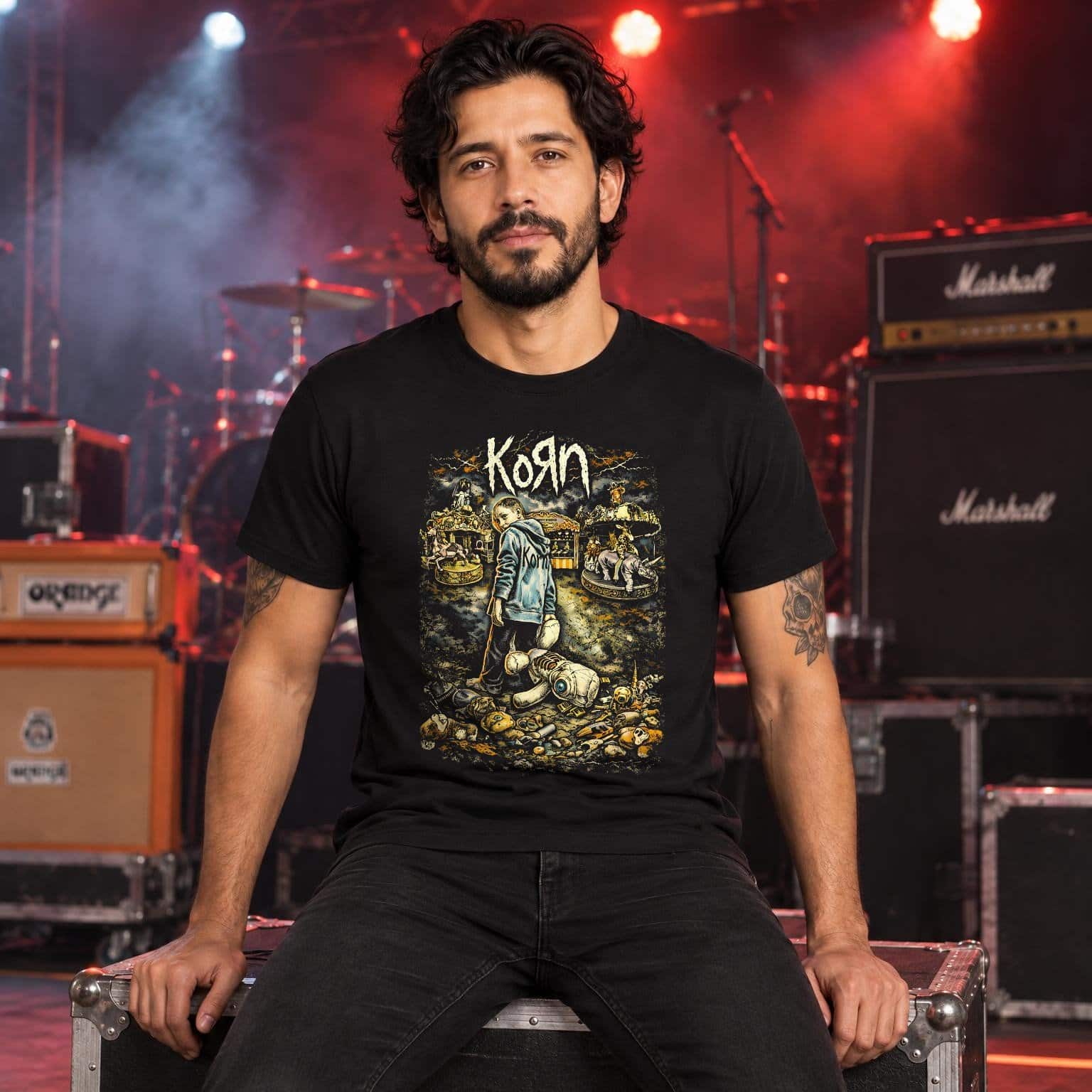 Hombre con playera negra de Korn frente a equipo de escenario
