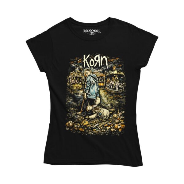 Playera negra corte dama con diseño de Korn y carruseles oxidados