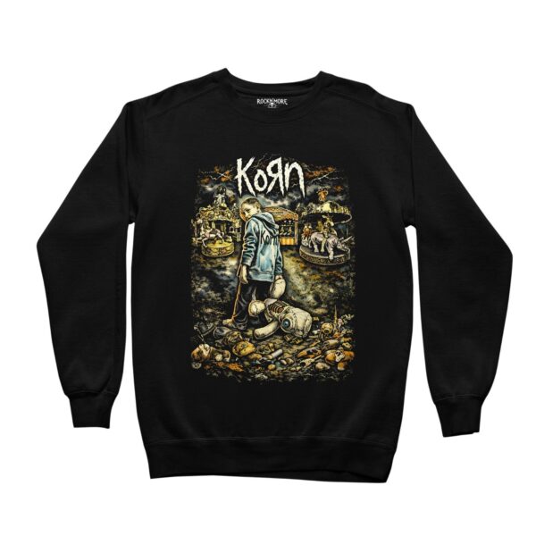 Sudadera negra cuello redondo con estampado de Korn y juguetes rotos