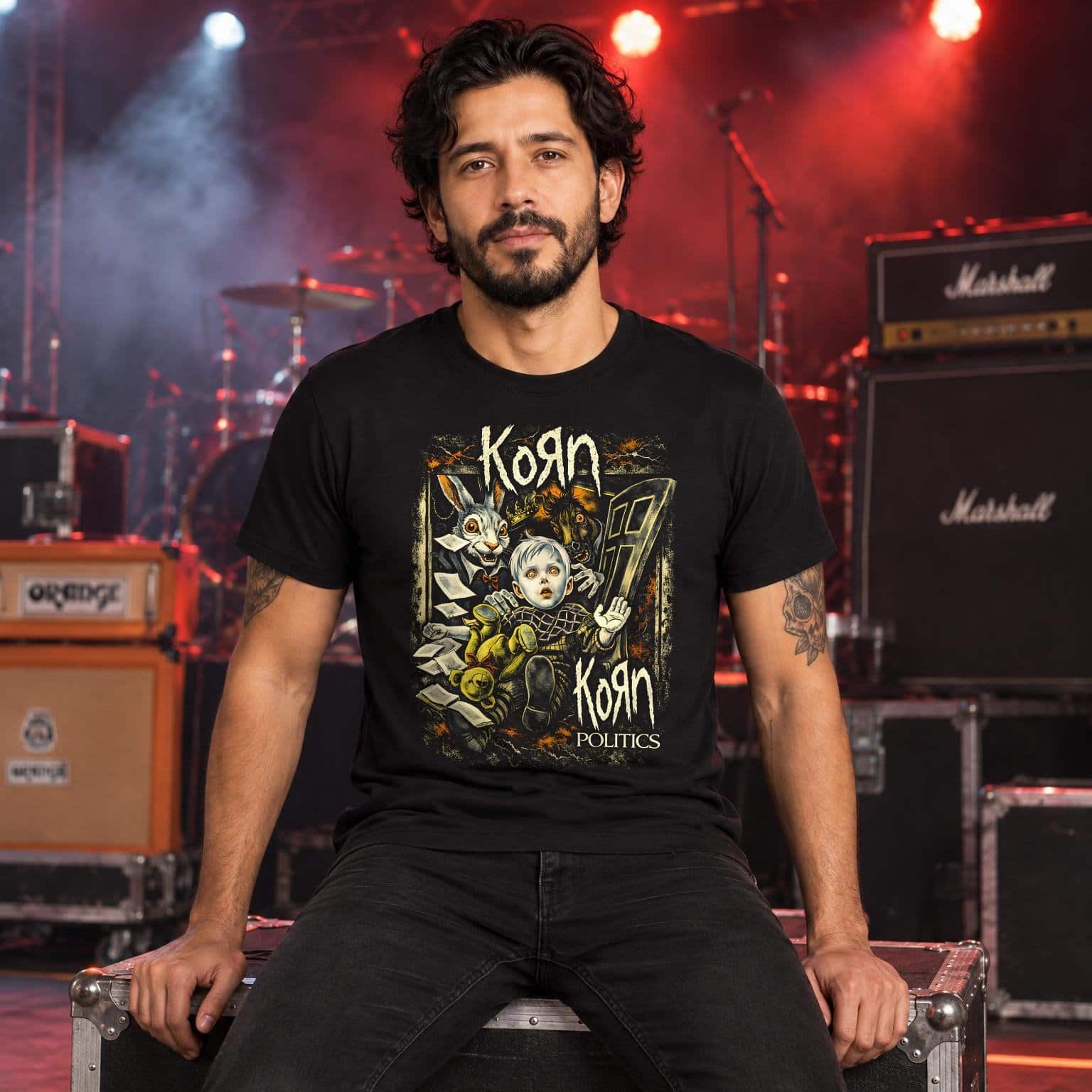 Modelo con playera negra de Korn en concierto