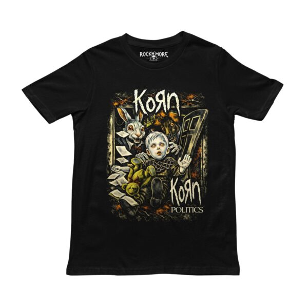 Playera negra de Korn con la ilustración Politics del niño, el conejo y la puerta