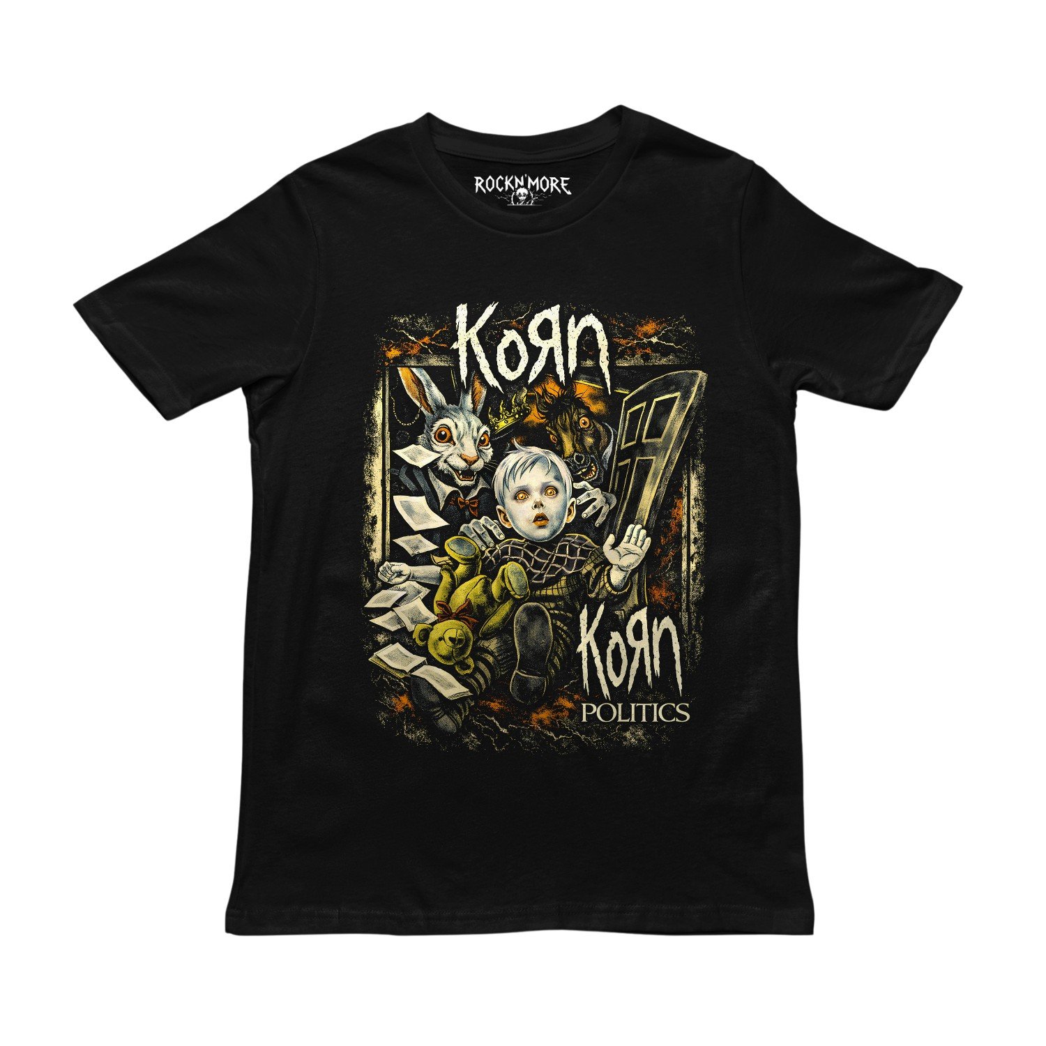 Playera negra de Korn con la ilustración Politics del niño, el conejo y la puerta