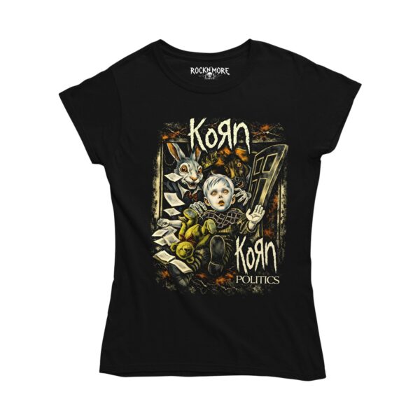 Playera negra corte dama de Korn con la ilustración del sencillo Politics