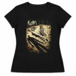 Playera negra corte dama con la portada del primer álbum de Korn estampada al frente