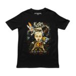 Playera negra con ilustración de Korn See You on the Other Side y niño coronado