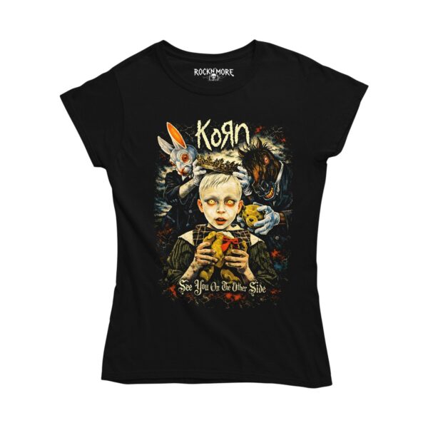 Playera corte dama negra con el diseño de Korn See You on the Other Side