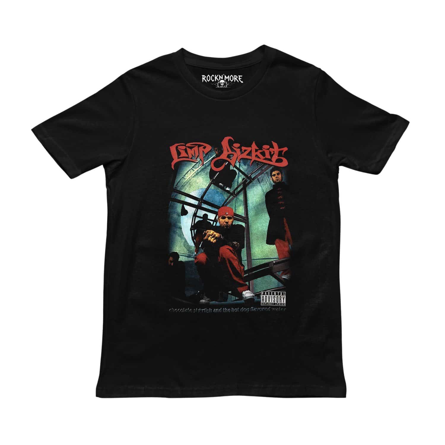Playera negra con estampado de Limp Bizkit y la portada de Chocolate Starfish and the Hot Dog Flavored Water