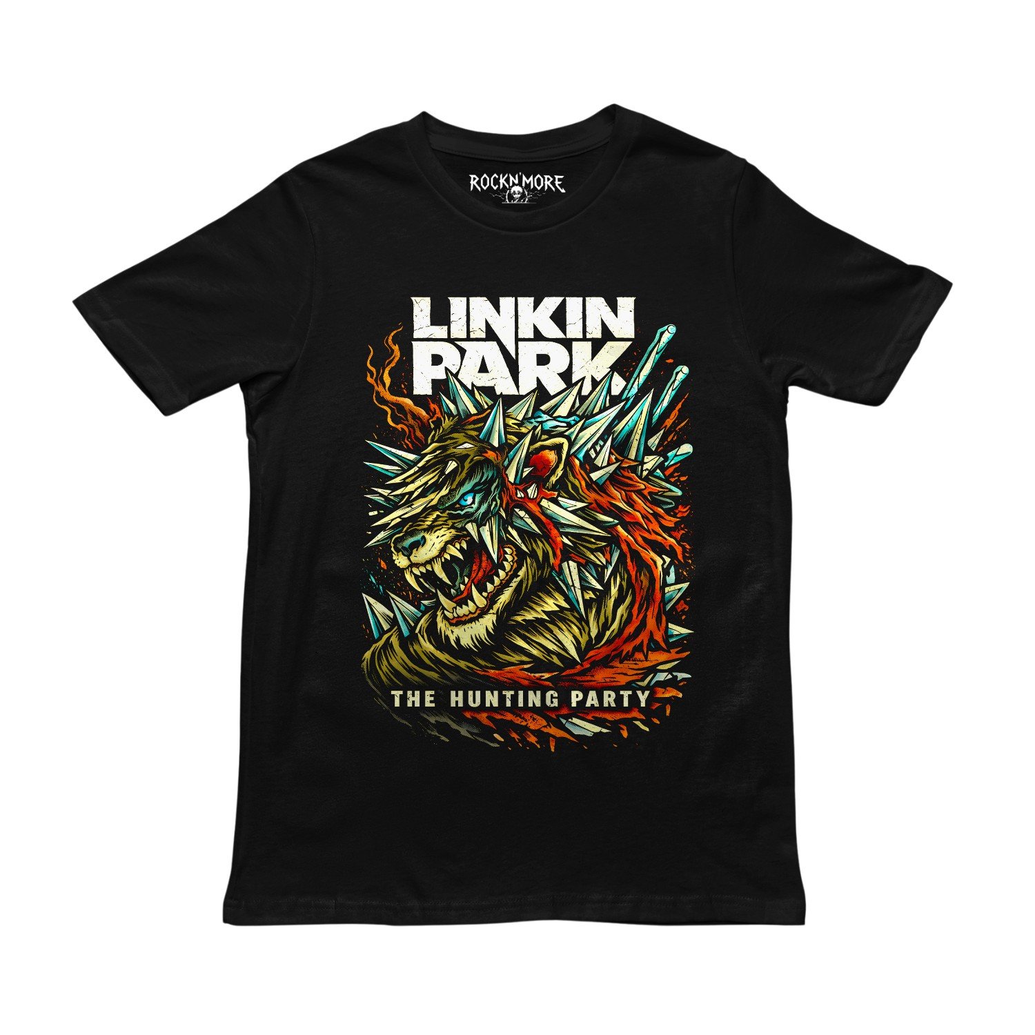 Playera negra con ilustración de lobo y logo de Linkin Park The Hunting Party
