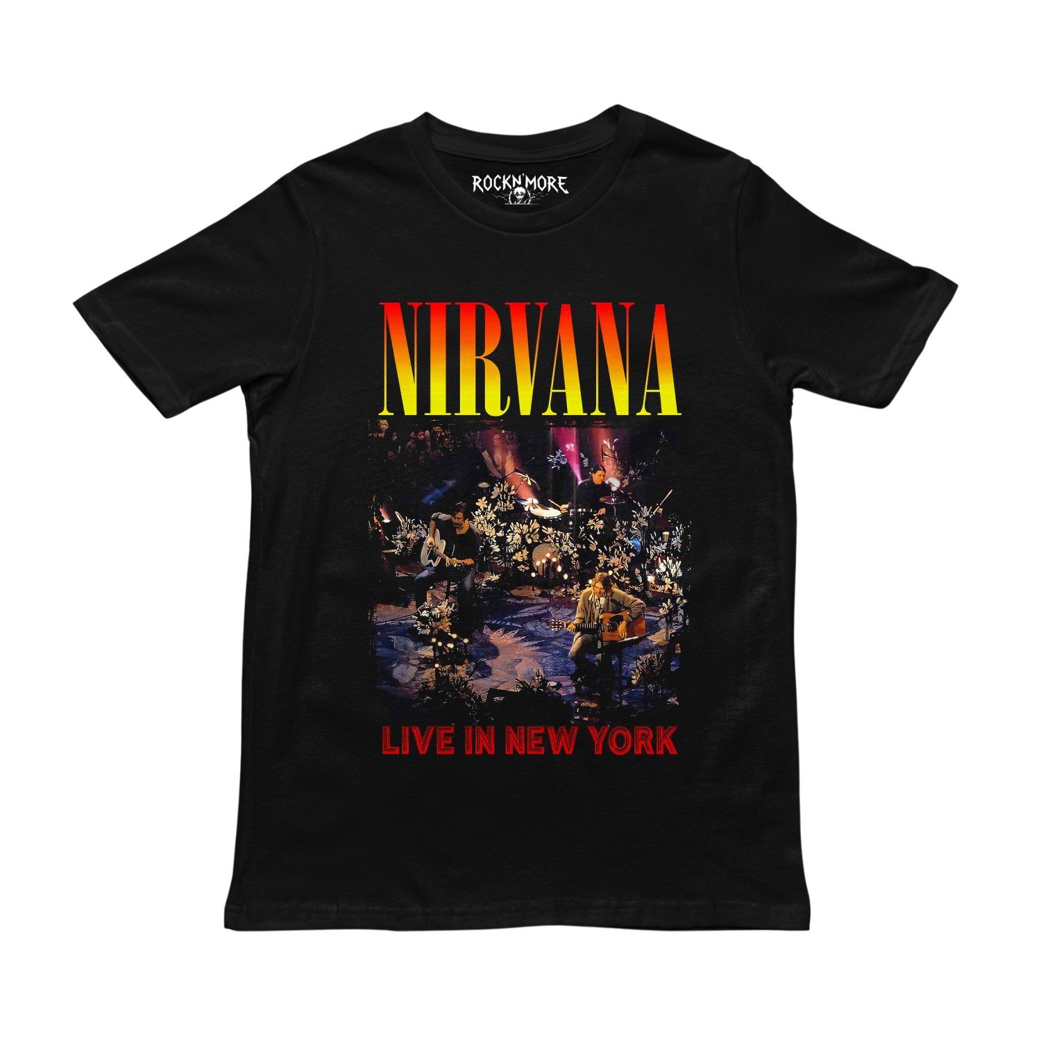 Playera negra con diseño de Nirvana, vista frontal
