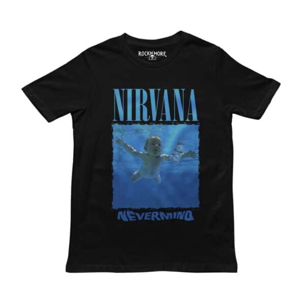 Playera negra con diseño de Nirvana, vista frontal