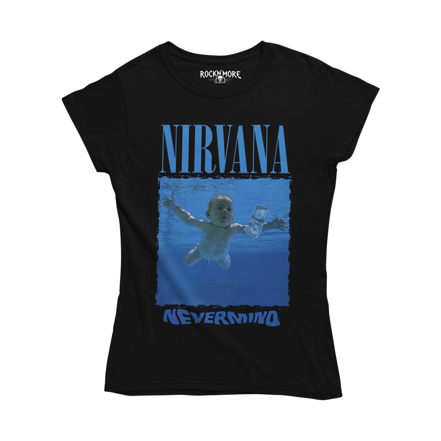 Playera negra corte dama con diseño de Nirvana, vista frontal