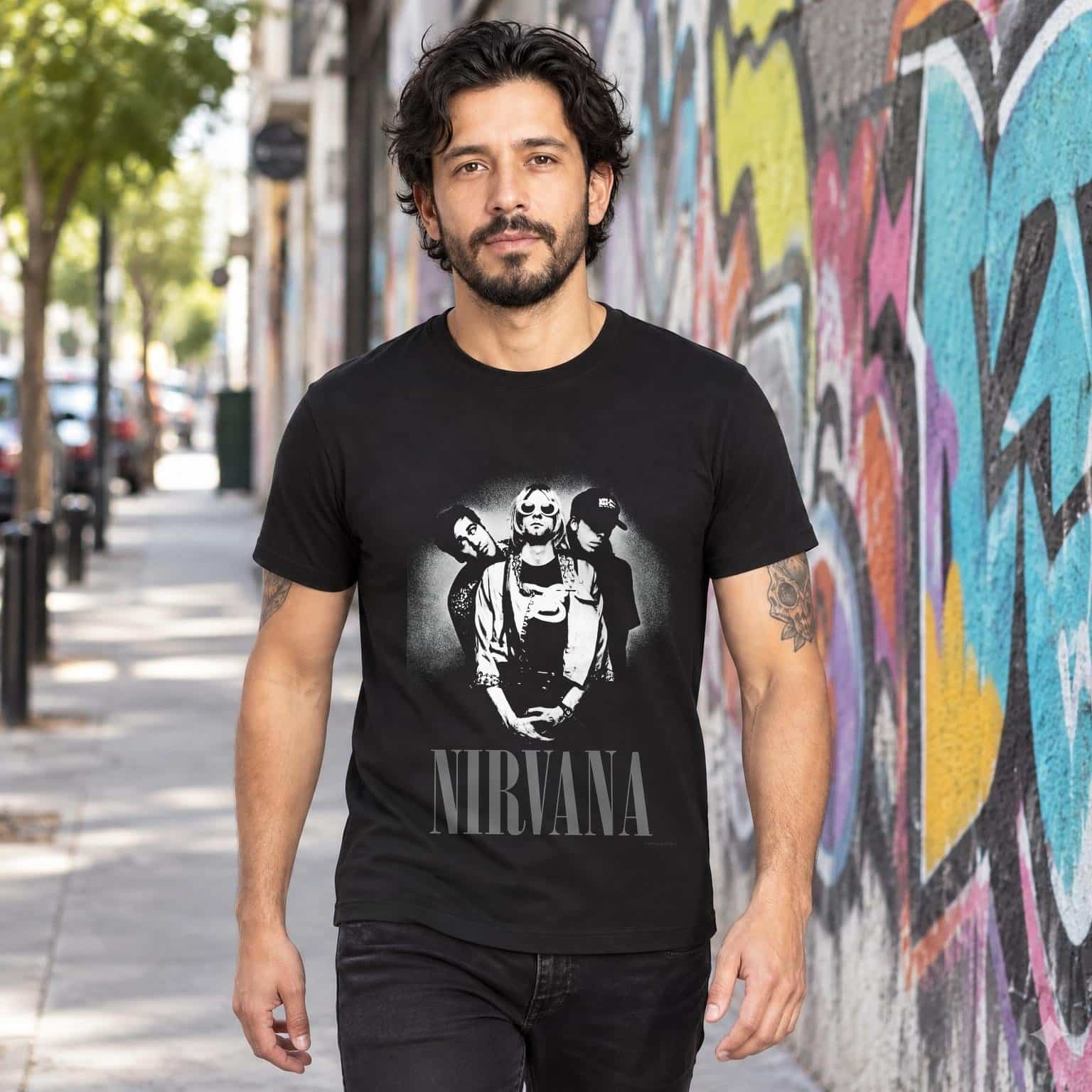 Modelo con playera negra de Nirvana en calle con grafiti
