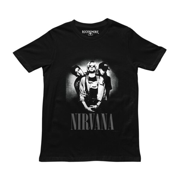 Playera negra con diseño de Nirvana, vista frontal