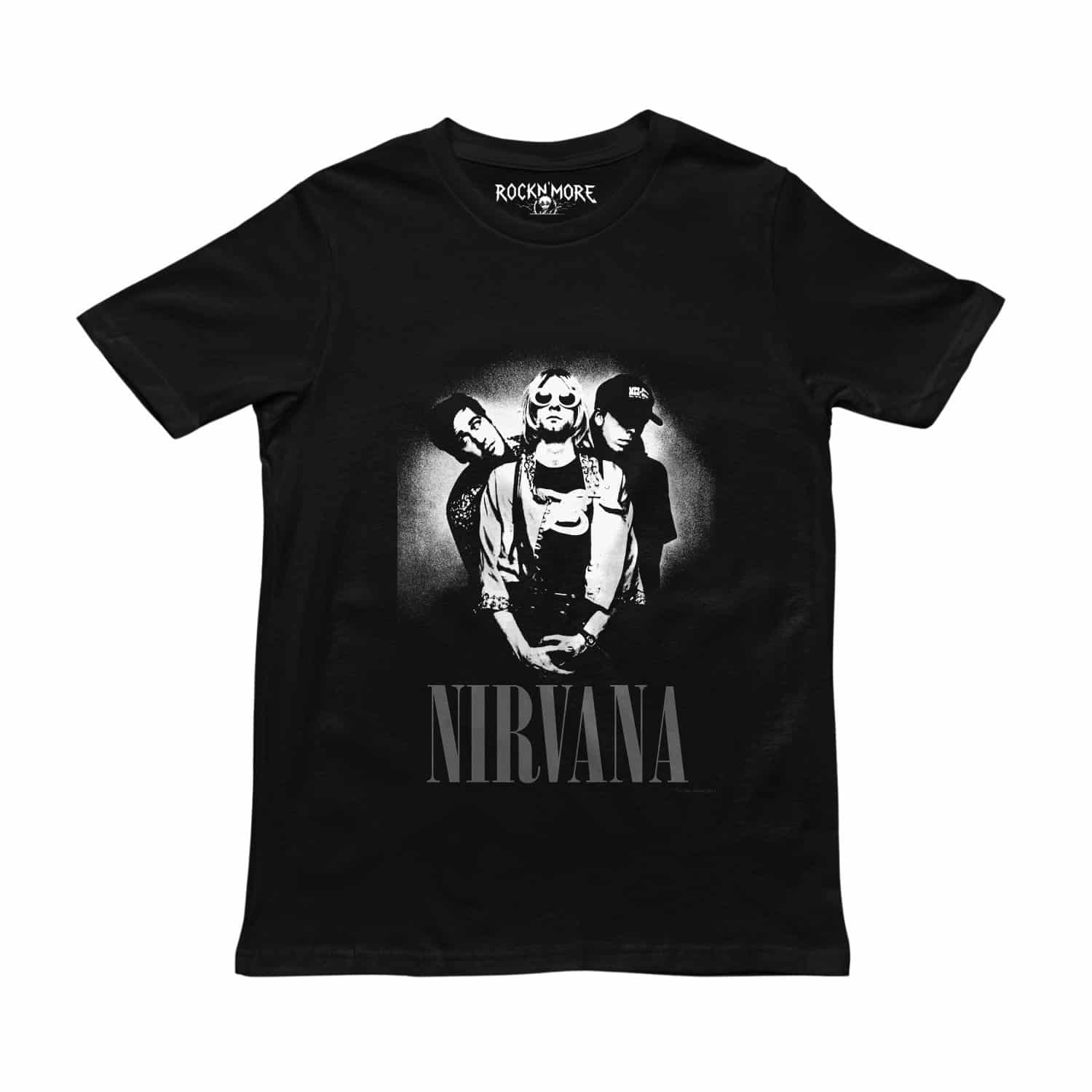 Playera negra con diseño de Nirvana, vista frontal
