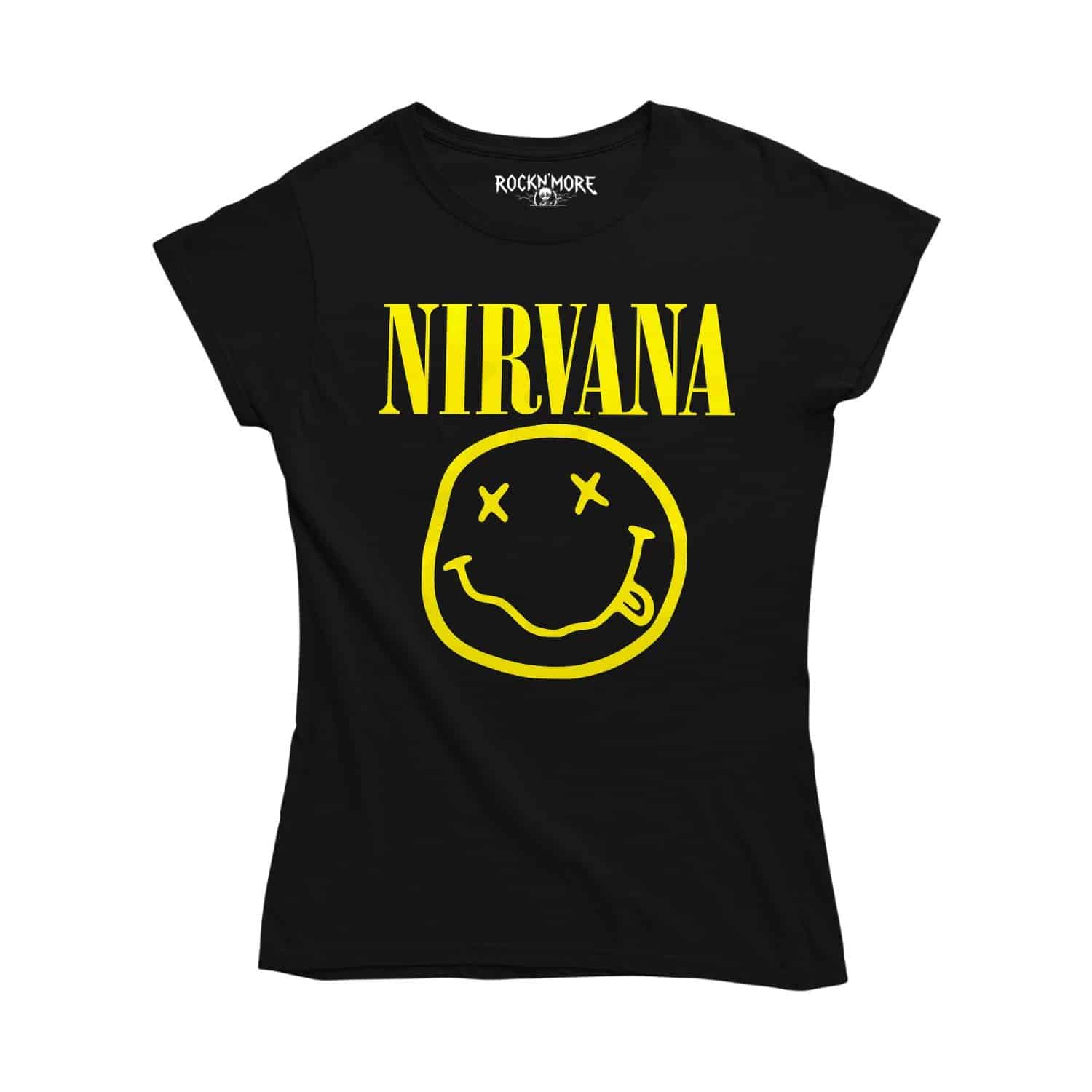Playera negra corte dama con diseño de Nirvana, vista frontal