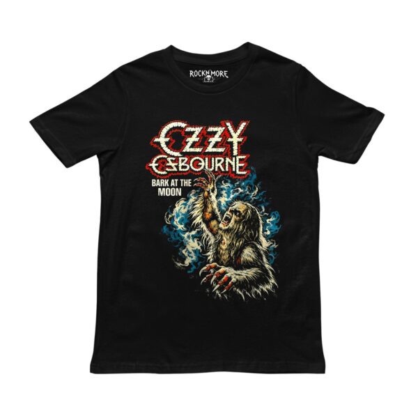 Playera negra con diseño de Ozzy Osbourne Bark at the Moon y hombre lobo aullando