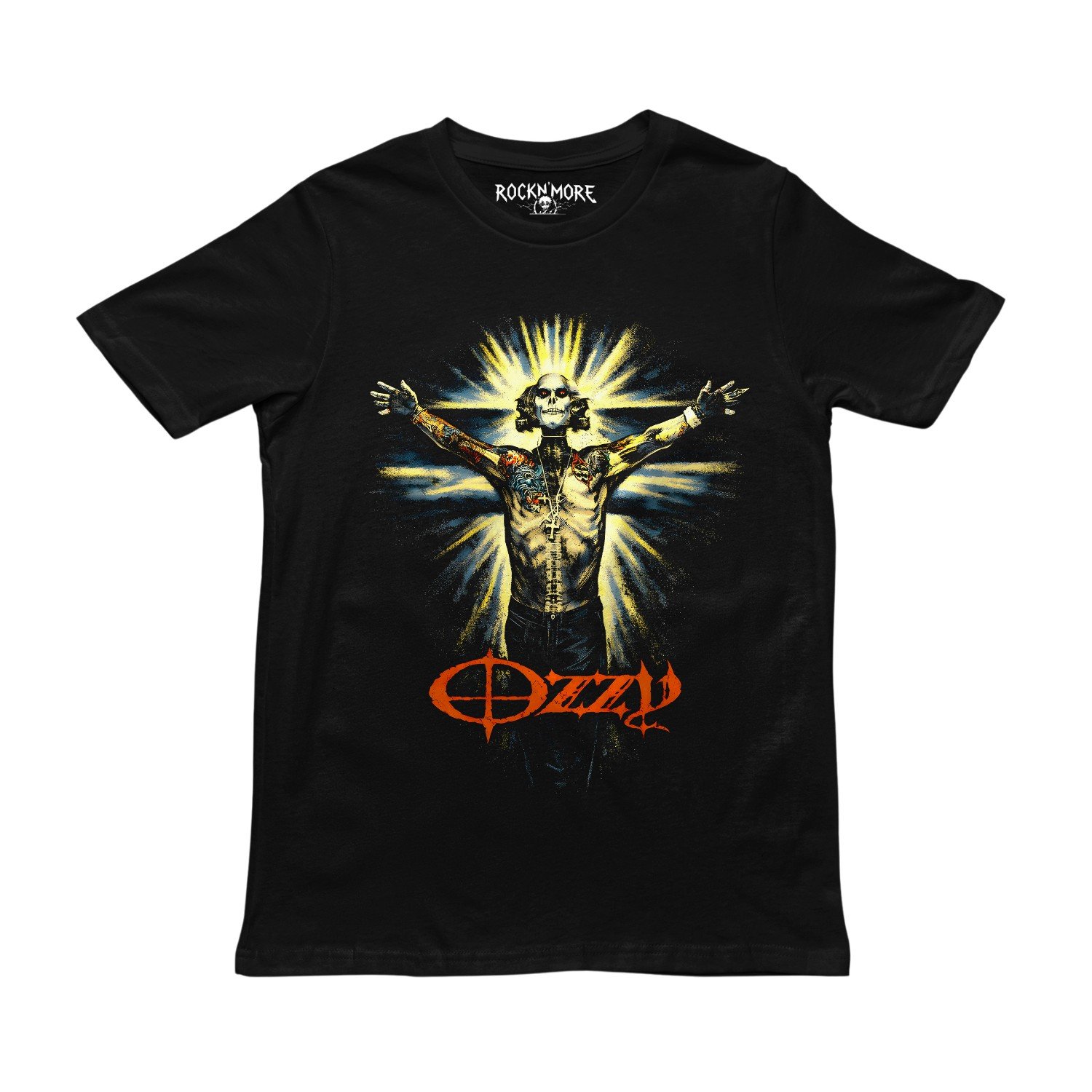 Playera negra con ilustración de Ozzy Osbourne como calavera entre rayos y logo naranja