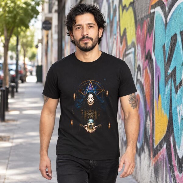 Modelo con playera negra de Ozzy Osbourne en calle con grafiti
