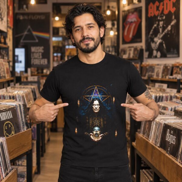 Modelo con playera negra de Ozzy Osbourne en tienda de discos