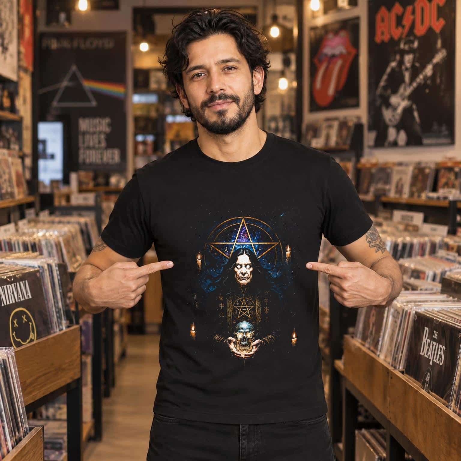 Modelo con playera negra de Ozzy Osbourne en tienda de discos