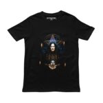 Playera negra con ilustración de Ozzy Osbourne como oráculo, pentagrama dorado y cráneo luminoso