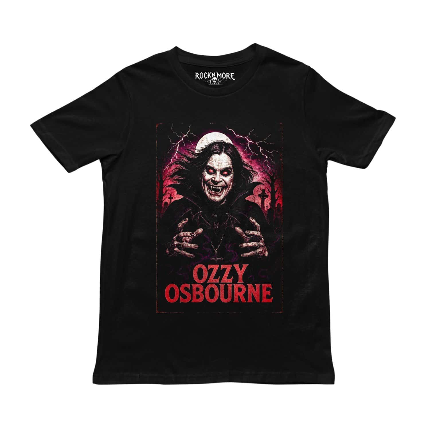 Playera negra con ilustración de Ozzy Osbourne vampiro entre rayos y cruces en tonos rojos