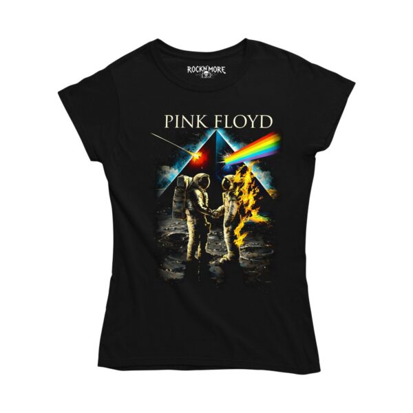 Playera negra corte dama con diseño Pink Floyd de astronautas en la Luna y prisma