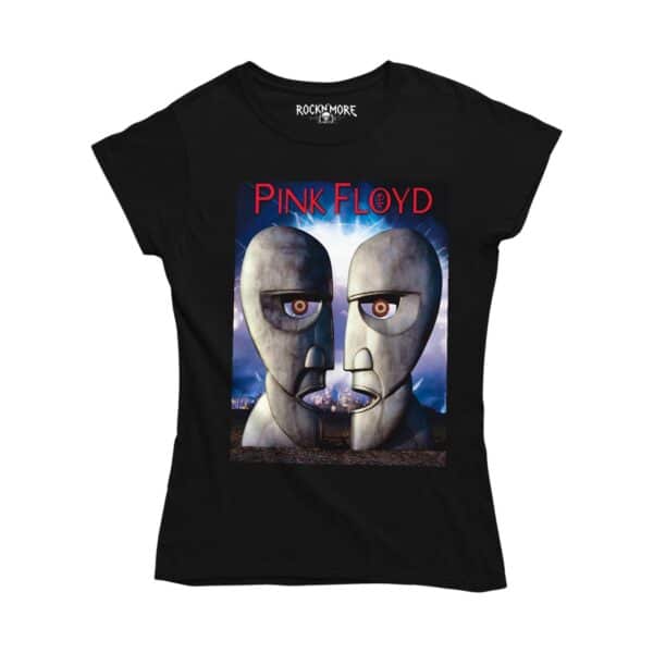 Playera negra corte dama con estampado de Pink Floyd y las cabezas metálicas
