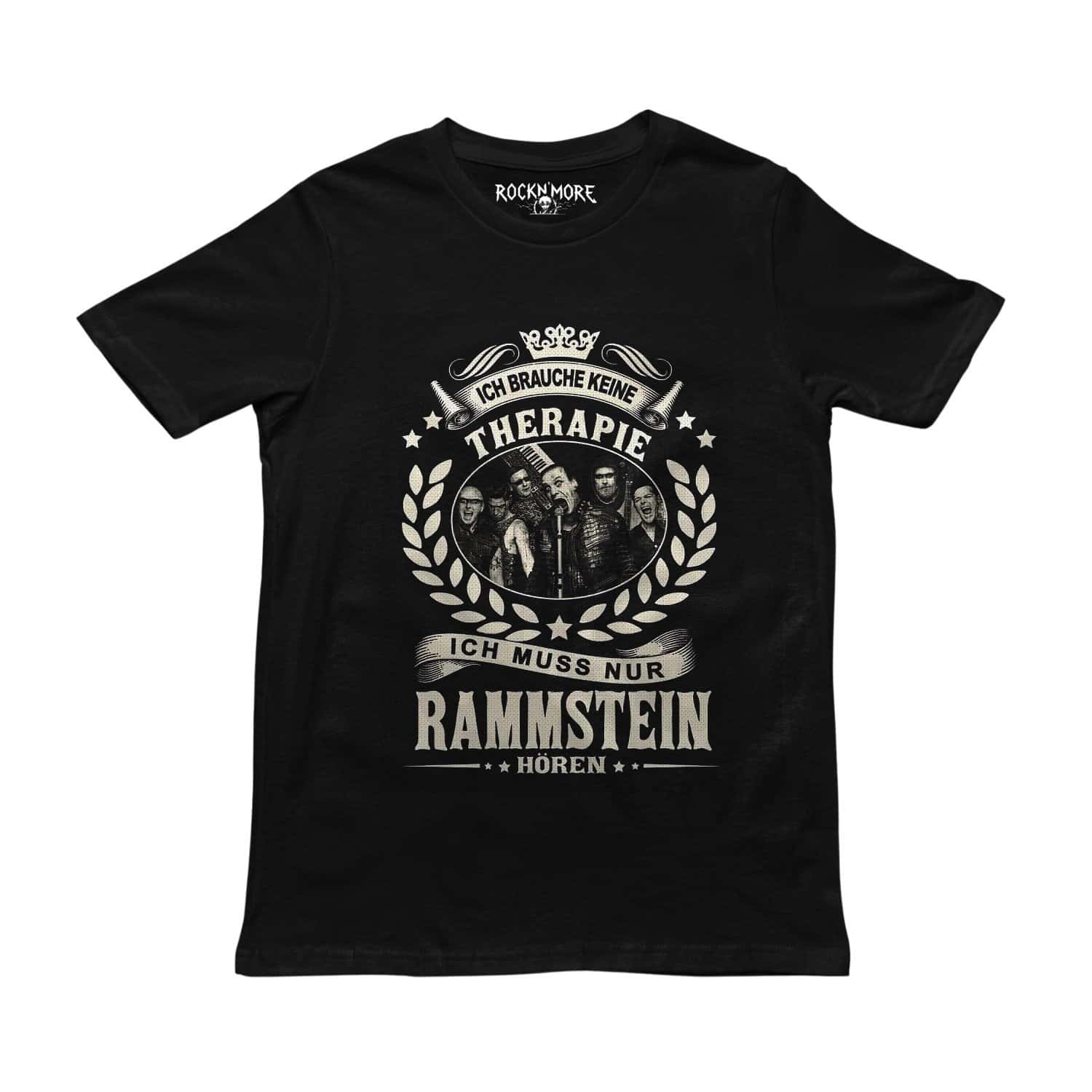 Playera negra con escudo vintage de Rammstein y la frase Ich brauche keine Therapie en tonos hueso