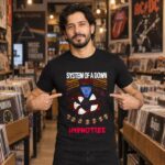 Modelo con playera negra de System of a Down en tienda de discos