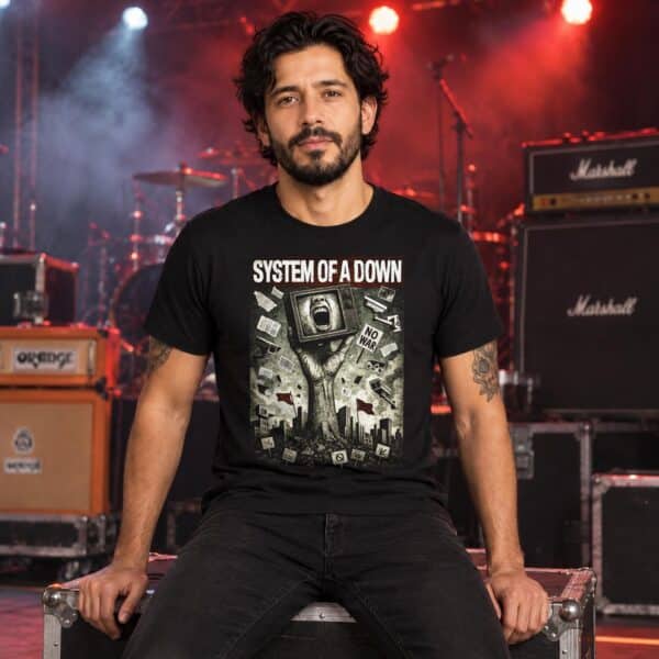Modelo con playera negra de System of a Down en concierto