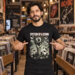 Modelo con playera negra de System of a Down en tienda de discos