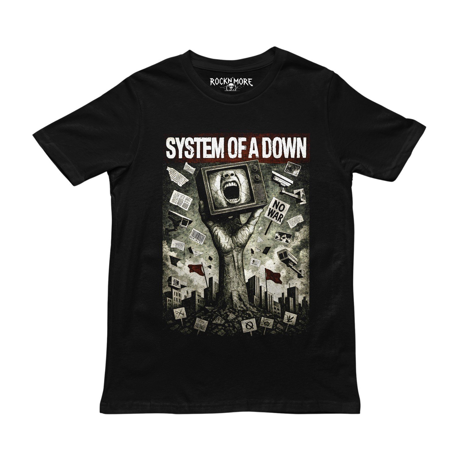 Playera negra con diseño de System of a Down, vista frontal