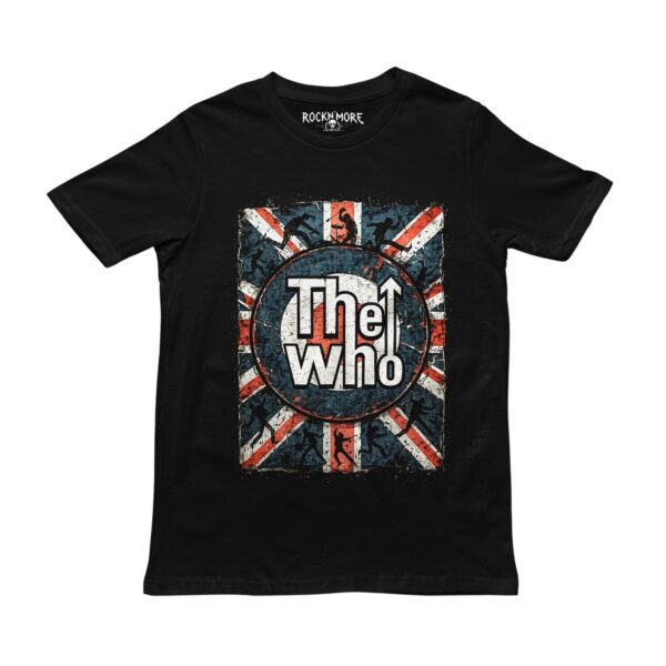 Playera negra con diseño de The Who, vista frontal
