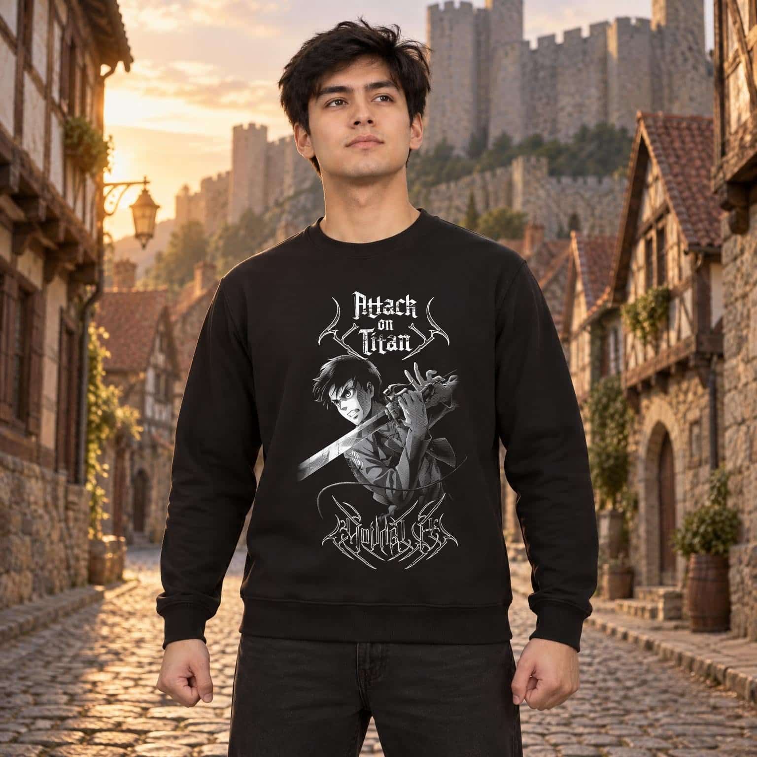 Modelo con sudadera negra de Attack on Titan en ciudad amurallada modelo 1
