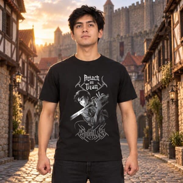 Modelo con playera negra de Attack on Titan en ciudad amurallada modelo 1